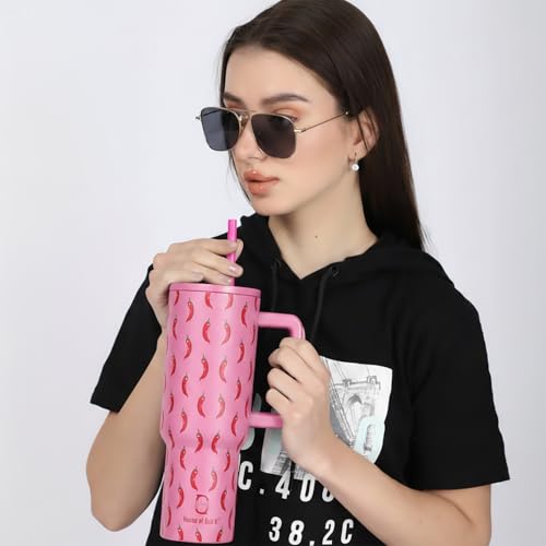 Image of House of Quirk 1200ML Stainless Steel Tumbler with Handle & Lid, 2 Straws - Large Travel Mug Water Cup for Gym, Office & Outdoor Use (Pink Chili)