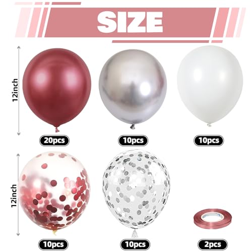 Image of Burgundy Red and Silver Balloons, 60 Packs 12 Inch Wine Red and White Silver Metallic Confetti Balloons with Ribbons for Women Birthday Wedding Bridal Shower Retirement Party Decorations Supplies