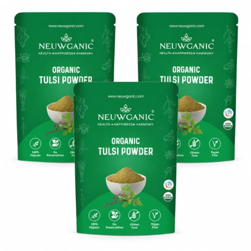 Image of Organic Tulsi Powder - Holy Basil Powder - India Organic and Usda Certified - Ideal for Making Kadha, Tea & Chutney - 200 Gm Pack of 3