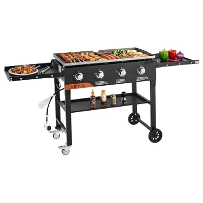 VEVOR Gas Griddle, 4-Burner Flat Top Grill, 36 inch Grill Plate Foldable Propane Griddle with Wheels, 60000 BTU Outdoor Flat Top Grills for Pan-Frying, Grilling, Stir-Frying, & BBQ, Pulse Ignition