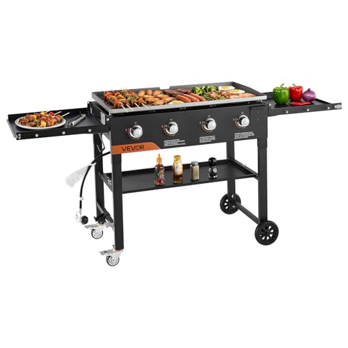 VEVOR Gas Griddle 4-Burner Flat Top Grill 36 inch Grill Plate Foldable Propane Griddle with Wheels 60000 BTU Outdoor Flat Top Grills for Pan-Frying Grilling Stir-Frying & BBQ Pulse Ignition