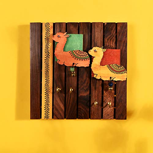 Image of Aakriti Art Creations Key Holder, Handcrafted Tribal Art Wooden Strips & Birds Design Key Hanger| Rustic Wood Wall Organizer with 4 Hooks | Storage Shelf For Keys, Hats| Multifunctional Entryway Decor