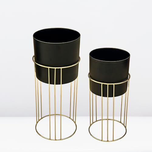 Image of Decorative Black Planter Gold Stand for Living Room | 24 inch & 19 inch (Height) x 10 inch & 9 inch (Diameter) | Modern Indoor Planters and Flower Pots Set of 2 (Gold & Black)