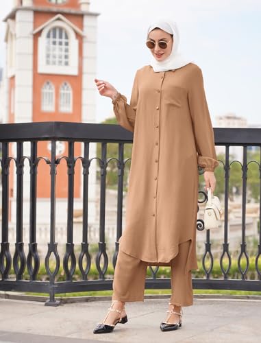 Image of IDOPIP Abaya Dress for Women Muslim Set Long Sleeve Chiffon Islamic Dress Shirt with Pants 2PCS Dubai Prayer Casual Clothes