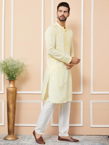 Image of See Designs Men's Long Sleeve Mandarin Collar Side Slit Off-White Embroidered Chanderi Silk Straight Kurta