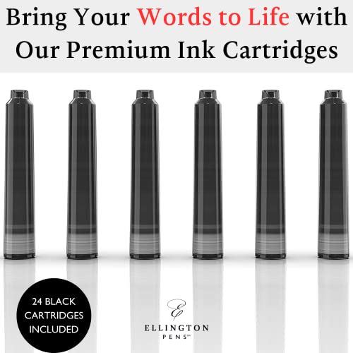 Image of Ellington Pens 24 Black Fountain Pen Ink Refills - 24 Pack International Standard Size Cartridges - Ink for Fountain Pens - Premium Quality & Non-Toxic, Long-Lasting & Waterproof, Dries Quickly