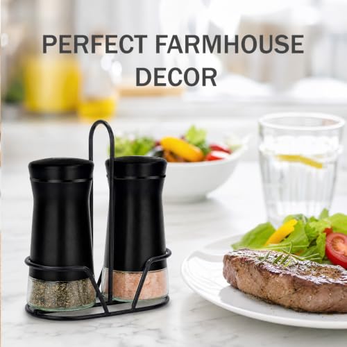 Image of Aelga Farmhouse Salt & Pepper Shakers with Holder & Adjustable Pour Holes, Refillable Salt Shaker for Himalayan, Kosher - Black