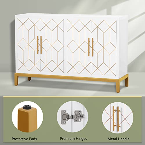 Hlr Accent Cabinet With 4 Doors And Shelves, Freestanding Sideboard Buffet Cabinet With Gold Lines, Modern Credenza Storage Cabinet For Living Room, Entryway, Kitchen, Dining Room, White #TOP6