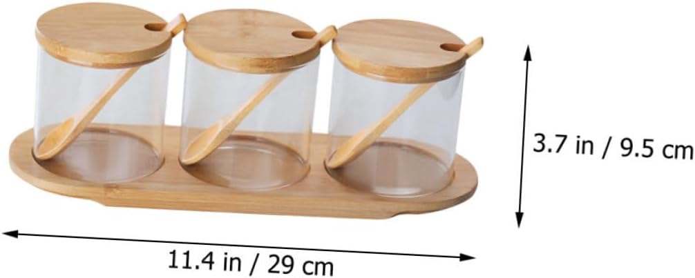 Glass Bamboo Seasoning Jars Set Spoon, Condiment Pots