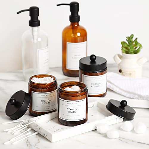 Kusvado 2-Pack Bathroom Apothecary Storage Jars, Vanity Countertop Canister, Glass Jars Q-Tip Holder, Cotton Swab Container, Bathroom Storage Container With 8 Pcs Waterproof Labels #TOP4