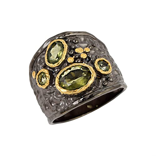 Bague moldavite facettée ovale ronde argent sterling | Bijou multi pierres