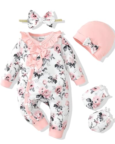 Image of Mikrdoo Newborn Infant Baby Girl Clothes Fall Winter Outfits Long Sleeve Zipper Rompers with Headband