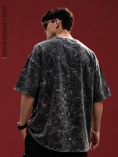 Image of Mens Premium Branded Oversized Acid Wash T Shirt for Men 220 GSM Acid Wash Down Shoulder Graphic Printed Round Neck Oversize Fit Casual