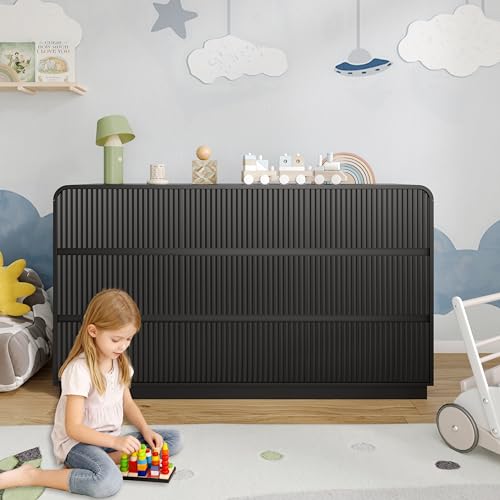 Image of BORNOON Dresser for Bedroom with 9 Drawers, Fluted Chest of Drawers with Round Curved Corner, Hidden Handles, Modern Wood Storage Organizer for Bedroom, Nursery, Living Room