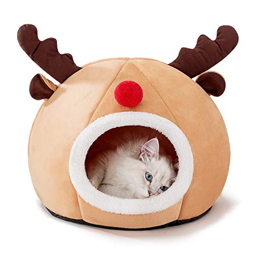 HIPIPET Kitten Bed Cave Bed for Cats & Dogs, Cat Hut/Covered Cat Bed Caves with Removable Washable Cushioned Pillow, Indoor Cat House for Pets (Yellow)