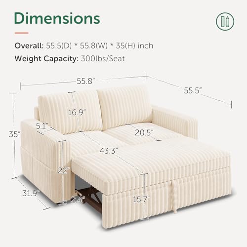 Image of HONBAY Modular Pull Out Sofa Bed,Corduroy Loveseat, Couches for Living Room,Beige