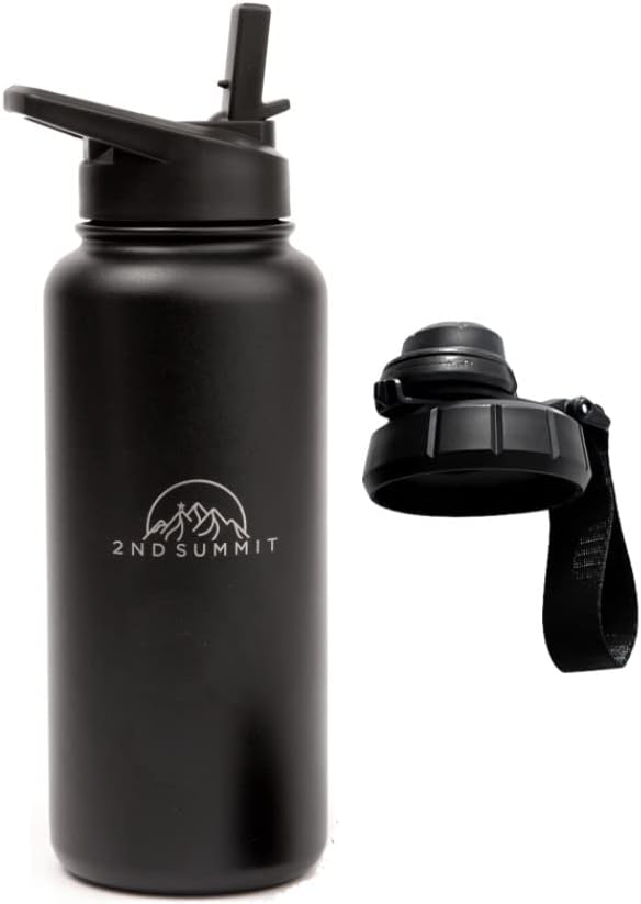 Sports Water Bottle 32oz, Stainless Steel Hiking Water Bottle with BPA Free Double Wall Vacuum Insulation – Laser Engraved Logo, Leak Proof, Travel Water Bottle