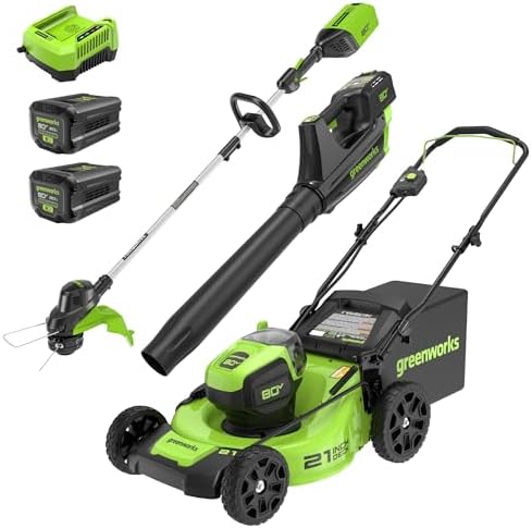 Greenworks 80V 21” Brushless (Push) Cordless Electric Lawn Mower + (500 CFM) Axial Leaf Blower + 13” String Trimmer (75+ Compatible Tools), (2) 2.0Ah Batteries and 30 Minute Rapid Charger - Thumbnail 2