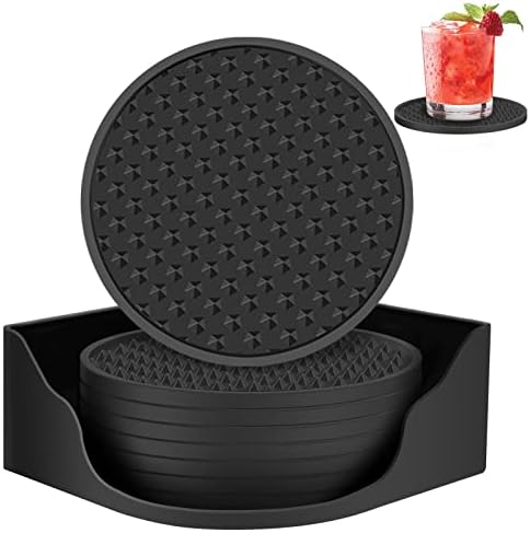 Coasters for Drinks set of 8 with holder,Silicone Black Coasters Tabletop Protection for Any Table Type,Double-sided available,Dishwasher Safe，Non-slip Base with Grooved design,Fits most Size of Cups.