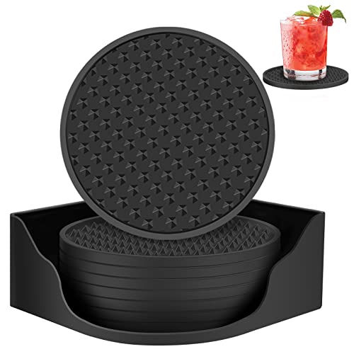 Coasters For Drinks Set Of 8 With Holder,Silicone Black Coasters Tabletop Protection For Any Table Type,Double-Sided Available,Dishwasher Safe，Non-Slip Base With Grooved Design,Fits Most Size Of Cups. #TOP1