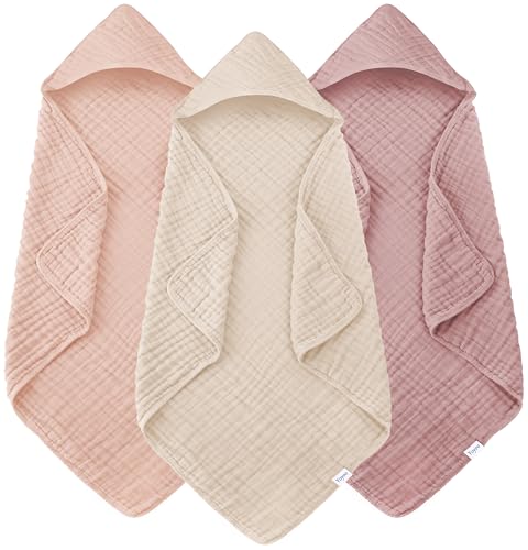 Muslin Hooded Baby Bath Towels - 3 Pack 100% Cotton Ultra-Soft Towels for Newborns, Infants, Toddlers - 32x32 Inch - Highly Absorbent, Quick-Dry Essentials for Bath Time, Beach, Pool, Neutral Series
