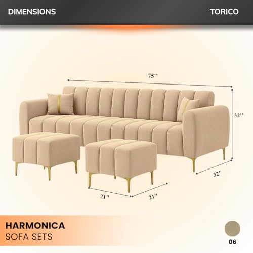 Image of Harmonica 3 Seater Modular L Shape Sofa Set with 2 Ottoman| Soft Velvet Upholstery, Sturdy Wooden Frame | Modern Sofa for Living Room, Hall & Office Spaces (Beige)