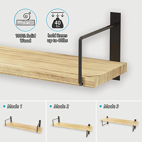 Image of Floating Shelves, 24 Inches, Easy to Install, Wall Mounted, Set of 3, Rustic Wood for Decor, Storage for Living Room, Bathroom, Bedroom