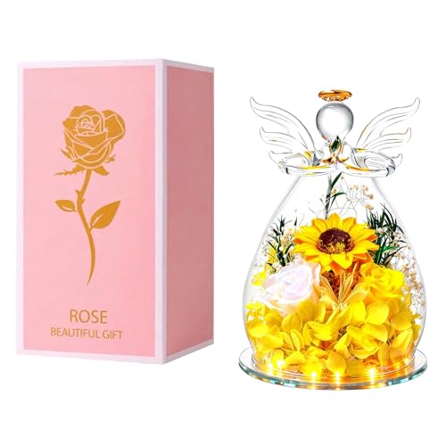 Angel Glass Dome with LED Lights, Preserved Sunflower and Rose Arrangement, Crystal Wings Topper,for Valentine's Day,Mother's Day, Birthday,Christmas,for Indoor,for You to Send Love for All Occasions