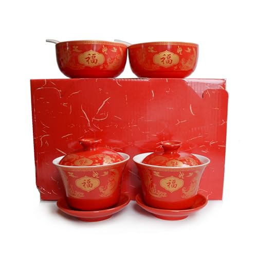 Image of Liang baobao Chinese Wedding Tea Gift Set Gaiwan Bowl Spoon Porcelain Tableware Dragon and Phoenix Double Happiness for Men Women Couple Wedding Party (6 /Set dragon phoenix double happiness)