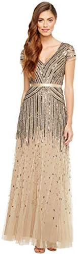 Adrianna Papell Damen Kleid Long Beads V-Neck mit Flügelärmeln und Bund - Beige - 44