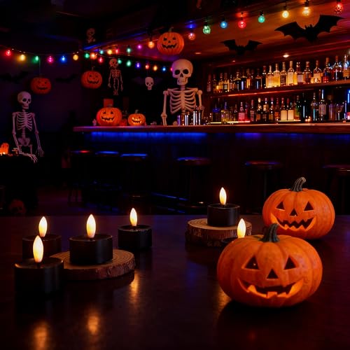 Image of CANDLE CHOICE Battery Operated Flameless Tea Lights Realistic Black Wick Bright Flickering LED Tealight Candles Wedding Table Centerpieces Halloween Christmas Decorations Batteries Incl. 12 Pack Black