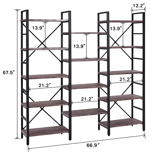 Superjare Triple 5 Tier Bookshelf, Bookcase With 14 Open Display Shelves, Ladder Bookshelf, Wide Book Shelf Book Case With Steel Frame, Wood Board, For Home & Office, Vintage Brown #TOP2