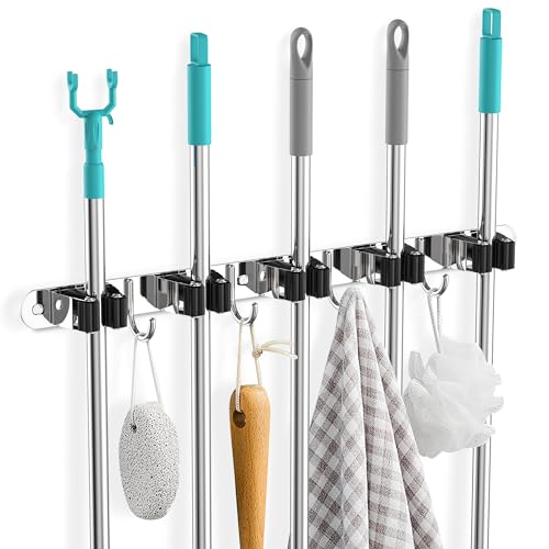 Cheerhom Bezemhouder voor aan de muur, zelfklevend, bezemhouder met 5 houders + 4 haaklijsten, gereedschapshouder met schroefbevestiging, roestvrij staal, tuingereedschapshouder voor keuken, badkamer,