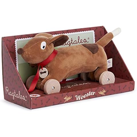 Ragtales RT501 Wooster Wooden Pull-Along Daschund Dog Soft Toy, Red Cover