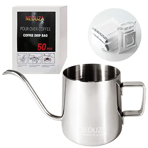 NEOUZA Gotero para café, filtro de café reutilizable, para verter sobre la cafetera, diseño de doble malla de filtro de cono de acero inoxidable (hervidor de agua de 250 ml y bolsa de 50 piezas)