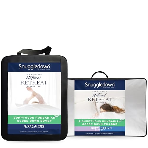 Image of Snuggledown Hungarian Goose Down 13.5 Tog King Size Duvet - 4.5 Tog Summer Plus 9 Tog All Seasons 3 in 1 Combination Quilt, 2 Pillows - Jacquard Cotton Cover, Machine Washable, Size (225cm x 220cm)