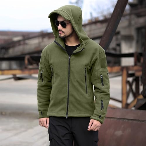 Herren Fleecejacke Military Outdoor Winddichte Jacke mit Kapuze Outdoor Fleecejacken für Herren L-4XL (001 Grün, L)