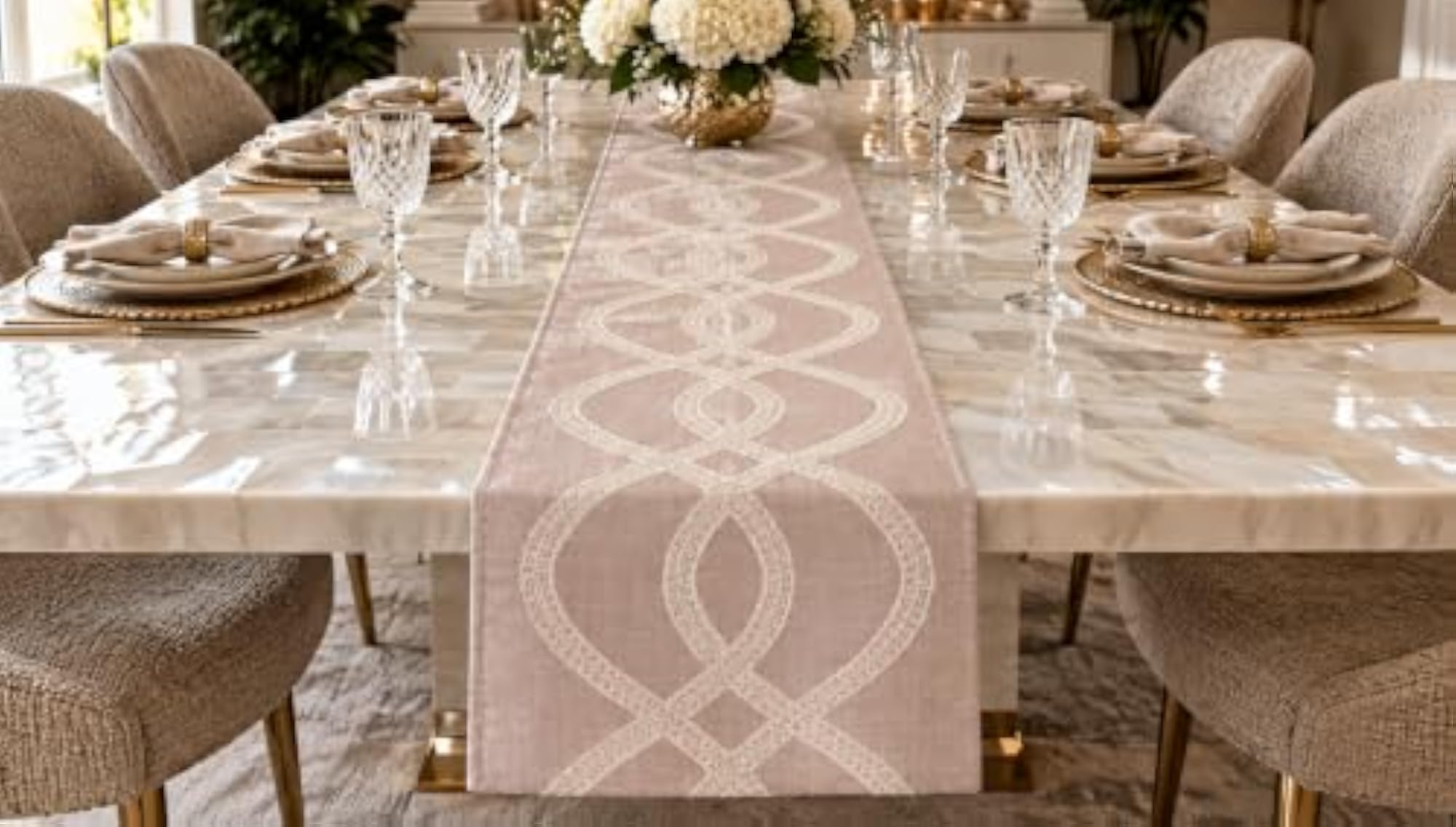 Blush Pink Table Runner with Ivory Interlaced Wave Embroidery