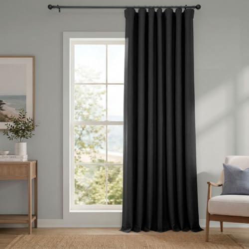 Image of HPD Half Price Drapes - Faux Linen Curtains for Living Room (1 Panel) - 100W X 108L - Extra Wide Textured Room Darkening Curtains for Bedroom 108 Inches Long - Drapes for Home Decor, Essential Black