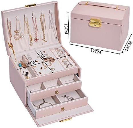 hombrima 3 Layers Travel Jewelry Box, Jewelry Storage Organizer Cases with 2 Drawers and Lock for Womens Necklace Earrings Rings Bracelet (Pink)