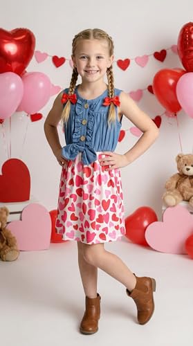 Image of Unique Baby Girls Sleeveless Denim Dress with Knot Tie and Fun Print for Toddler and Big Kids