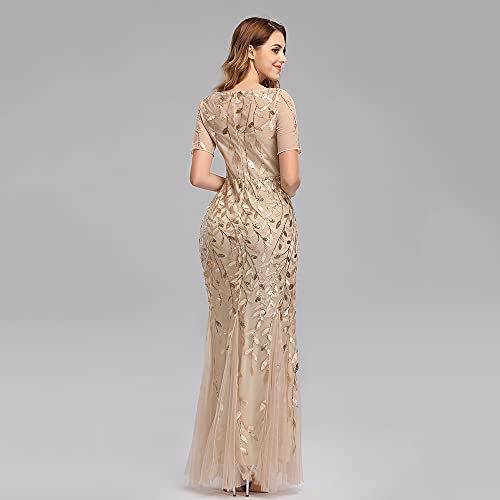 Women's Formal Dress Illusion Short Sleeve Crew Neck Sequin Embroidery Tulle Mermaid Evening Dresses4