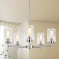 MRHYSWD 5 Lights Brushed Nickel Chandelier for Dining Room Light Fixture,24" Modern Farmhouse Pendant Lighting with Glass Shade Industrial Hanging Ceiling Light for Kitchen Island Entryway Foyer,E26