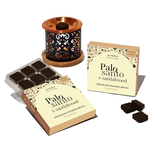 Palo Santo & Sandalwood Smokeless Incense Bricks & Taj Burner | 2 x 9 Bricks | Aromatherapy | Smudging | Made with Essential Oils | Natural Air fresheners for Home | Spiritual Meditation Accessories