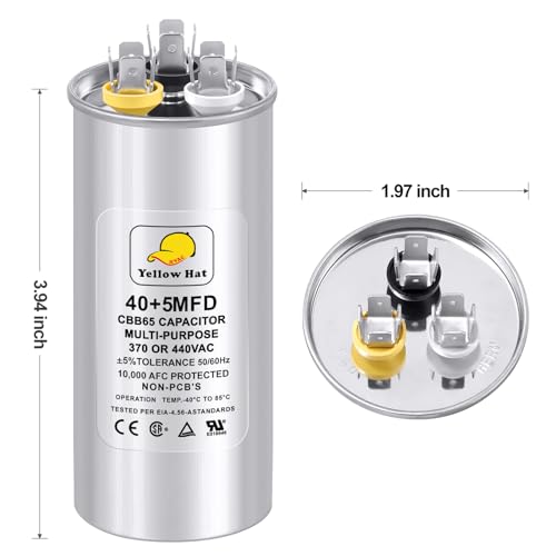 Capacitor for Air Conditioner 40+5 uf MFD 370 or 440 Volt VAC, Multi-Purpose Round Capacitor for AC Motor Run or Fan Motor Start or Condenser Straight
