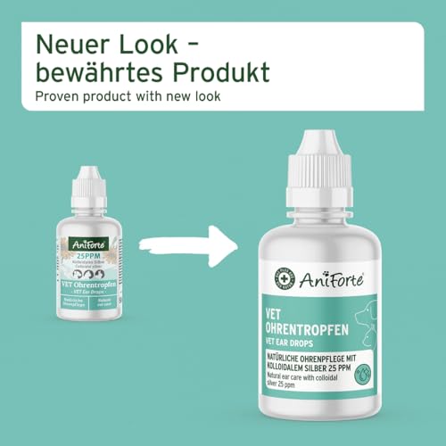 AniForte Ohrentropfen mit kolloidalem Silber 25ppm & Ringelblume 50ml | Für Hunde, Katzen & Kleintiere I Bei Ohrentzündungen, Juckreiz I Ohrenpflege, Ohrenhygiene, Gesunde Ohren