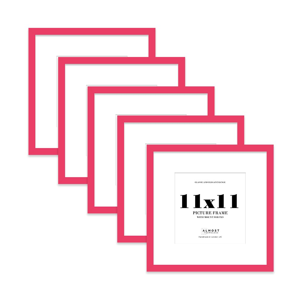 11x11 Bright Pink Picture Frame with Mount for 9x9 Photos, Prints - Modern Square Wall Frame, Set of 5