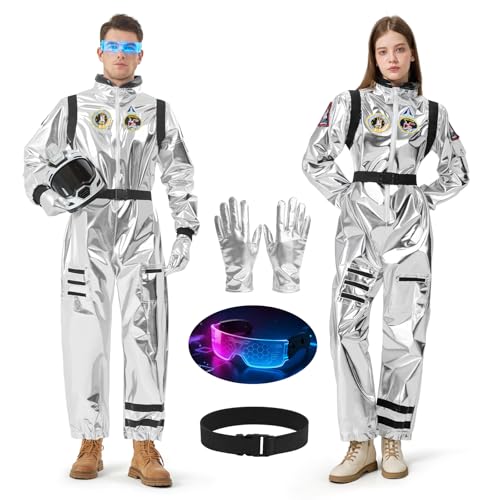 Cheffery Disfraz de Astronauta para Hombre Mujer, Traje de Astronauta Plateado Adulto con Guantes y Gafas LED, Disfraz Espacio Mono para Carnaval Cosplay (L)