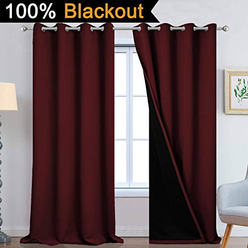 Image of Yakamok Burgundy Red Blackout Curtains 108 Inches Long for Bedroom 52 inch Wide | Blackout Curtain Panels for Bedroom, 2 Thick Layers Grommet Top Thermal Insulated Drapes with Black Liner for Living Room