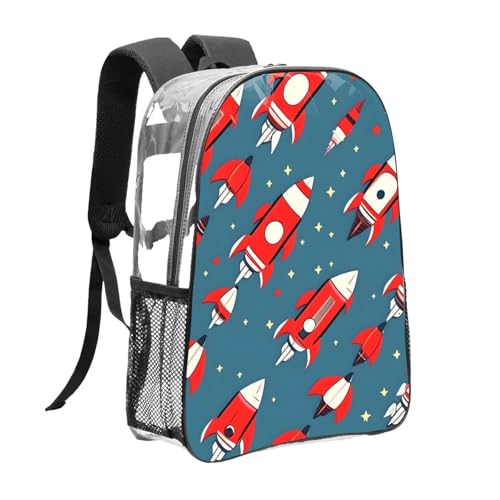 Cartoon Rockets Print Work Travel Stadium Events Transparent Backpack PVC Clear Bag Large Side Pockets3